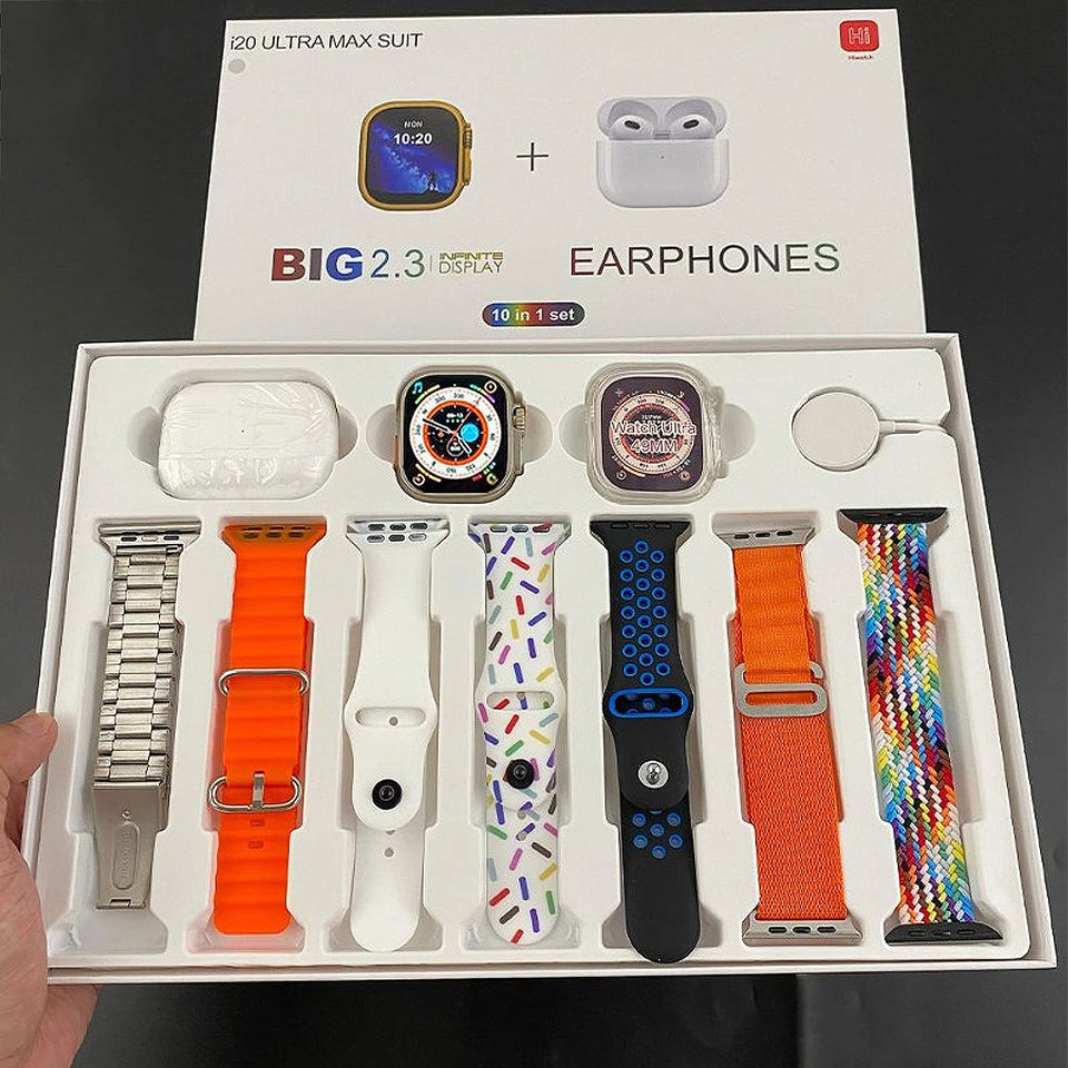 i20 Ultra Smart Watch with Airpods For Men, Women & Kids, 7 in 1 Combo Ultra Smart Watch with 7 Multi Color Strap