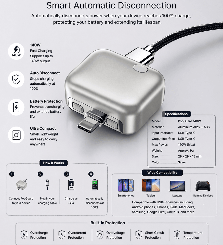 Type-C Smart Auto Charge Remover Adapter | Fast Charging |Battery Guard with Anti-Overcharge Protection