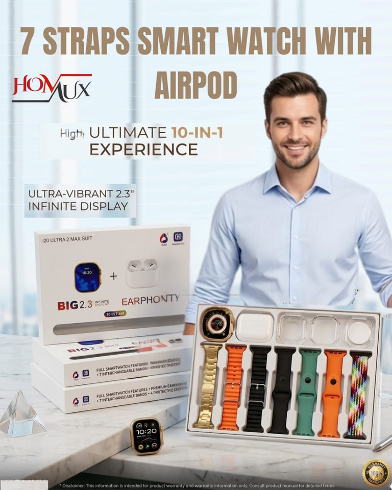 i20 Ultra Smart Watch with Airpods For Men, Women & Kids, 7 in 1 Combo Ultra Smart Watch with 7 Multi Color Strap