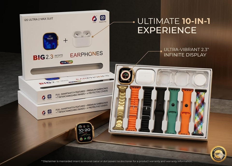 i20 Ultra Smart Watch with Airpods For Men, Women & Kids, 7 in 1 Combo Ultra Smart Watch with 7 Multi Color Strap